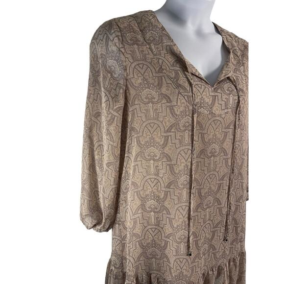 Rose & Olive Size Large Lined Dress Earth Tones Ruffle Drop Hem Semi Sheer Slves - Picture 2 of 7